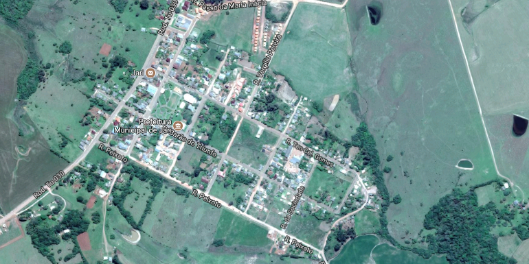 Imagem de satélite do município de Jari, no Rio Grande do Sul. À época a cidade tinha em 2015 3660 habitantes distribuídos em 12 quarteirões